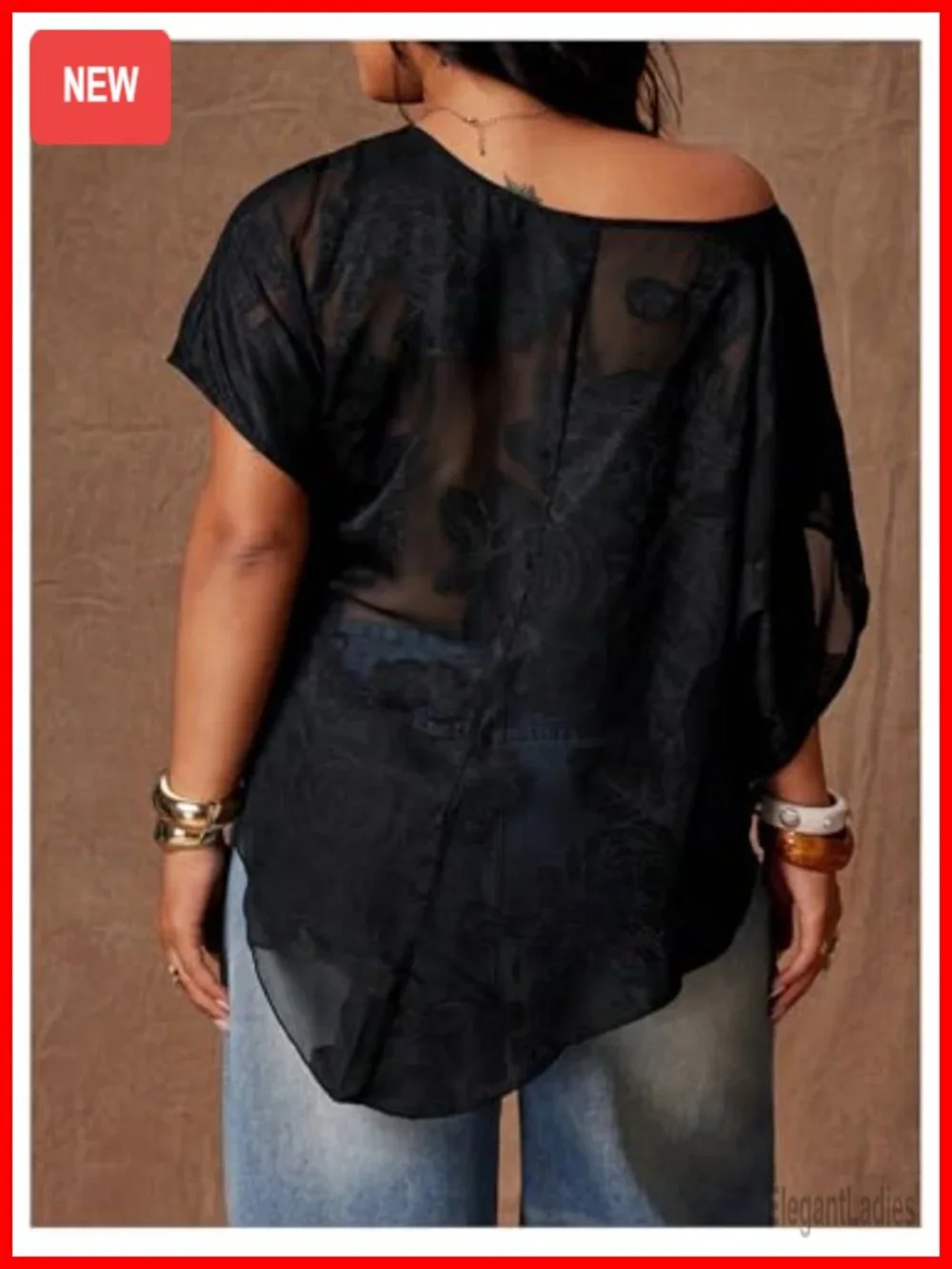 Plus Size Mesh Off Shoulder Asymmetrical Chiffon Blouse